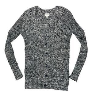 American Eagle Cardigan Womens S Black Marled Knit V Neck Pocket Front Sweater